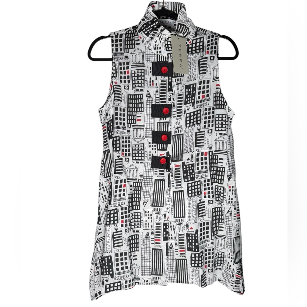 Terra SJ Apparel Tunic Mini Dress Womens size XS City Buildings print NWT